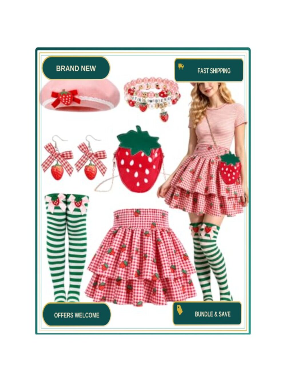 Strawberry Cake Costume Accessories Set 8 Pcs Women Halloween Cosplay